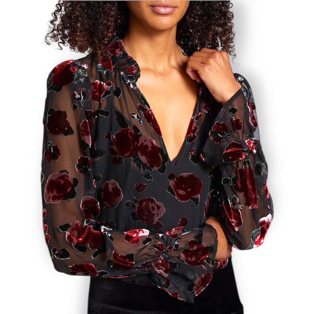 PAIGE Laurin‎ Silk Velvet Burnout Sheer Floral Top Sz L Puff Bell Sleeve Lined